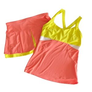 Lucky In Love Yellow Coral Colorblock Tennis Pickleball Skirt & Tank Set size S